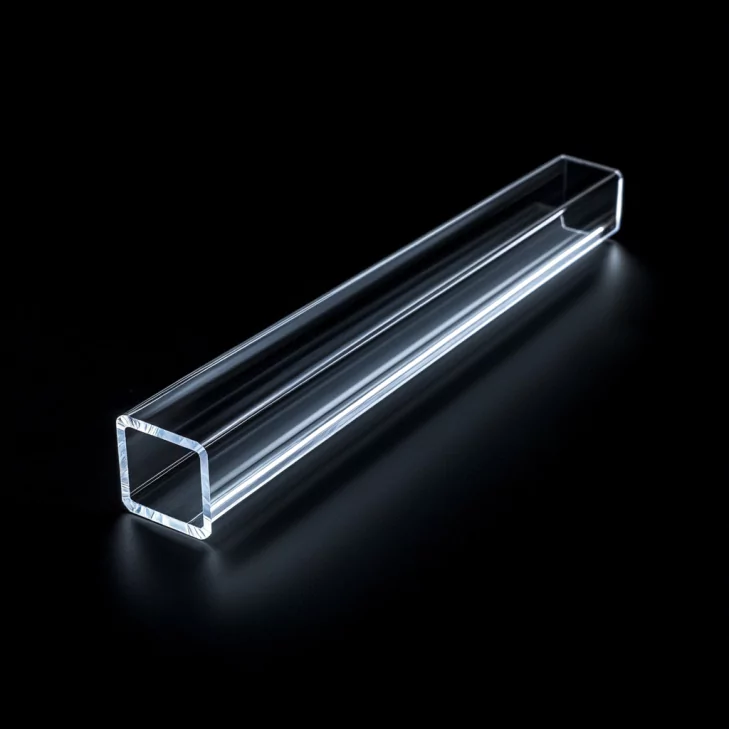 Propagación de luz láser a través de tubo cuadrado de cuarzo con alineación de bordes ≤0,03 mm.