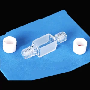 Continuous Flow-Ready Analytical Transparent Quartz Fluorescence Flow Cuvette Cell with PTFE M10 Screw Caps