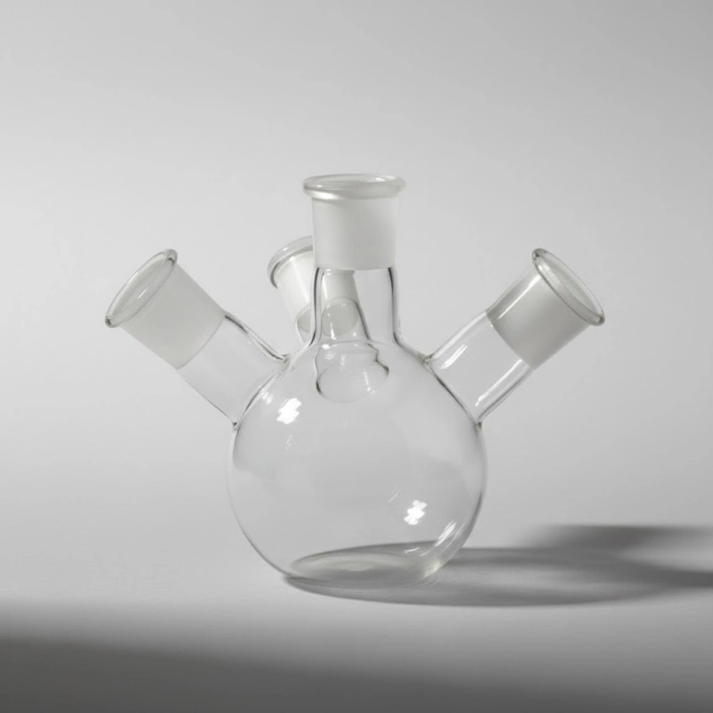 Matraz de cuarzo de 4 bocas con fondo redondo utilizado en laboratorio