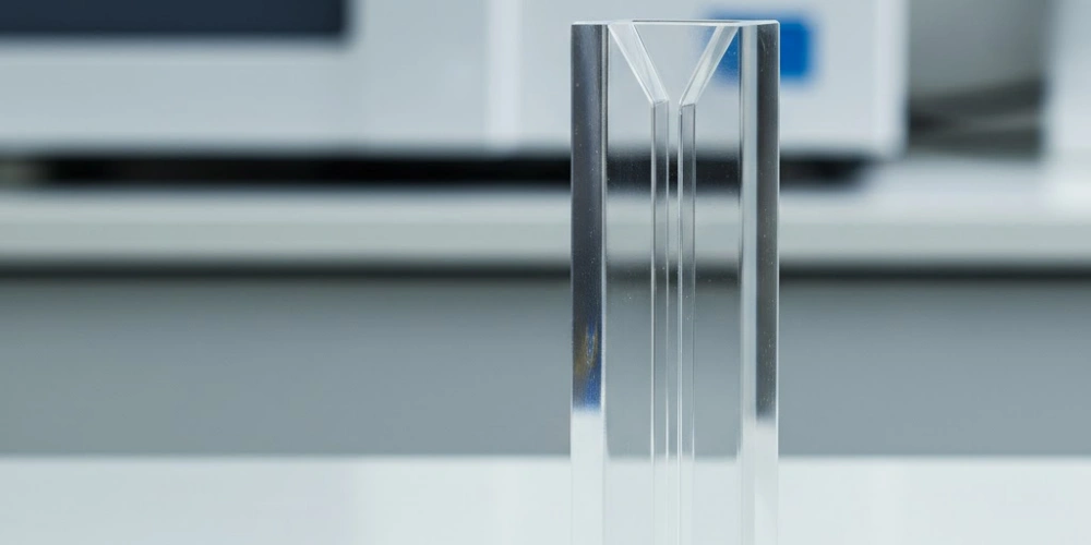 Benchtop quartz cuvette for spectrophotometer analysis on laboratory bench Benchtop quartz cuvette for spectrophotometer analysis on laboratory bench
