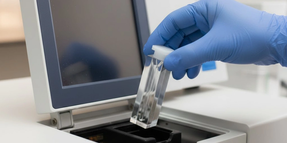 Handheld quartz cuvette for spectrophotometer loading into sample compartment Handheld quartz cuvette for spectrophotometer loading into sample compartment