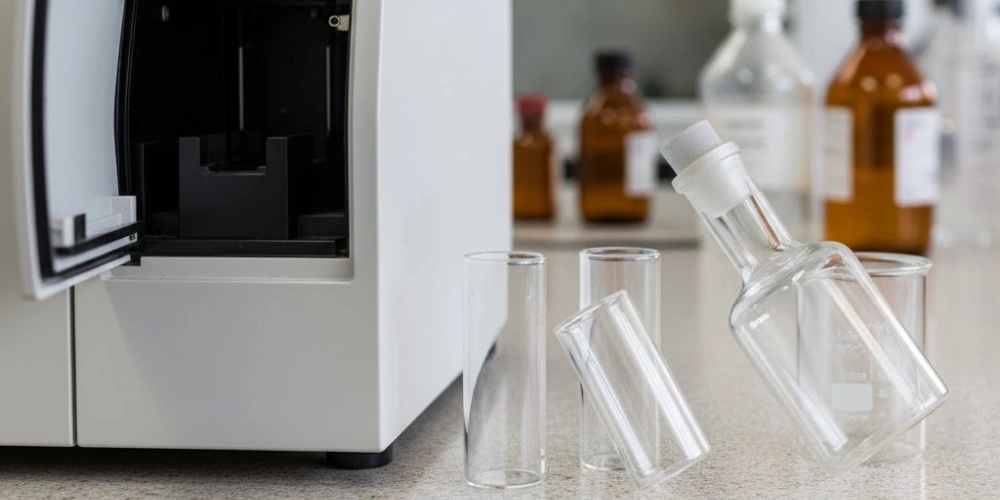 Quartz Glassware Cuvettes and Digestion Flask in Analytical Chemistry Laboratory