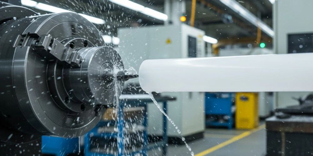 Quartz Parts Manufacturing CNC Glass Turning — Diamond Tool Cutting Rotating Quartz Tube with Coolant Spray on Lathe Quartz Parts Manufacturing CNC Glass Turning — Diamond Tool Cutting Rotating Quartz Tube with Coolant Spray on Lathe