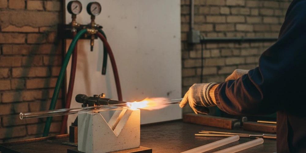 Quartz Parts Manufacturing Flame Fusion Welding — Oxy-Hydrogen Torch Heating Quartz Tube Junction with Amber Incandescent Glow on Workshop Bench Quartz Parts Manufacturing Flame Fusion Welding — Oxy-Hydrogen Torch Heating Quartz Tube Junction with Amber Incandescent Glow on Workshop Bench