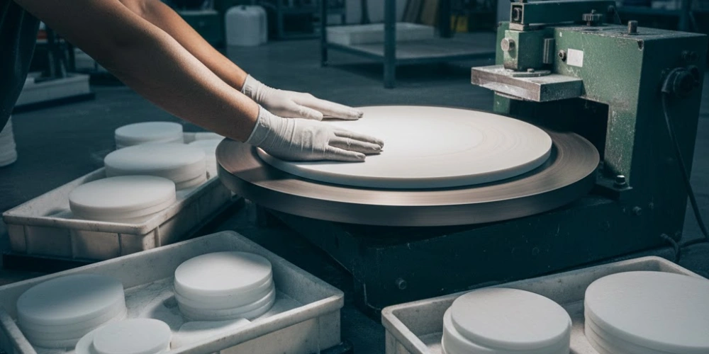 Quartz Parts Manufacturing Lapping and Polishing — Technician Hands Pressing Quartz Disc on Rotating Cast-Iron Lapping Plate with Abrasive Slurry Quartz Parts Manufacturing Lapping and Polishing — Technician Hands Pressing Quartz Disc on Rotating Cast-Iron Lapping Plate with Abrasive Slurry
