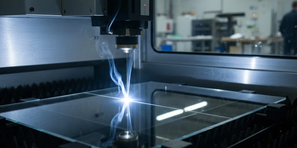 Quartz Parts Manufacturing Laser Cutting — CO₂ Laser Beam Scoring Quartz Wafer with Plasma Point and Vapor Plume Inside Machine Enclosure Quartz Parts Manufacturing Laser Cutting — CO₂ Laser Beam Scoring Quartz Wafer with Plasma Point and Vapor Plume Inside Machine Enclosure