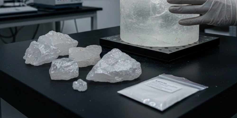 Quartz Parts Manufacturing Raw Material Inspection — Fused Silica Boule and Natural Quartz Crystal Chunks on UV Inspection Platform Quartz Parts Manufacturing Raw Material Inspection — Fused Silica Boule and Natural Quartz Crystal Chunks on UV Inspection Platform