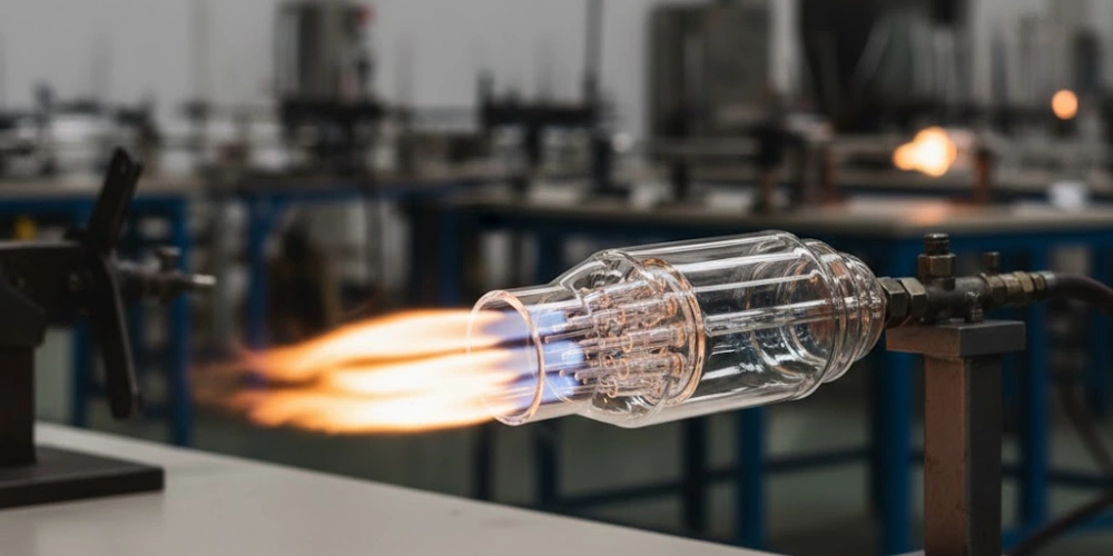 Quartz burner operating in industrial quartz fabrication workshop