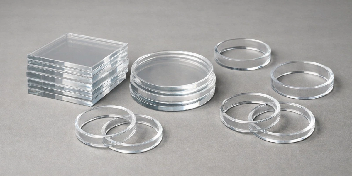 Quartz glass plates and wear rings displaying intrinsic material properties in laboratory setting