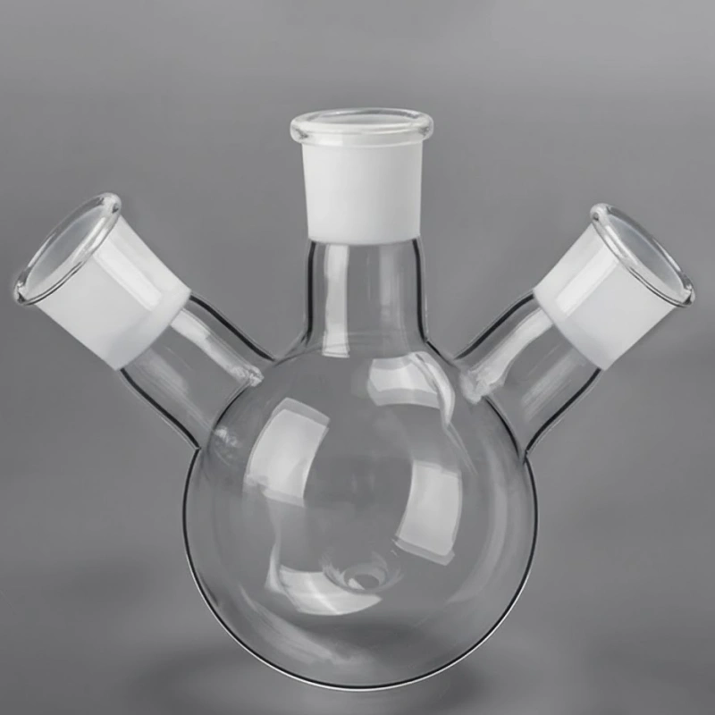 Transparent quartz glass triple-necked flask with round bottom for chemical synthesis