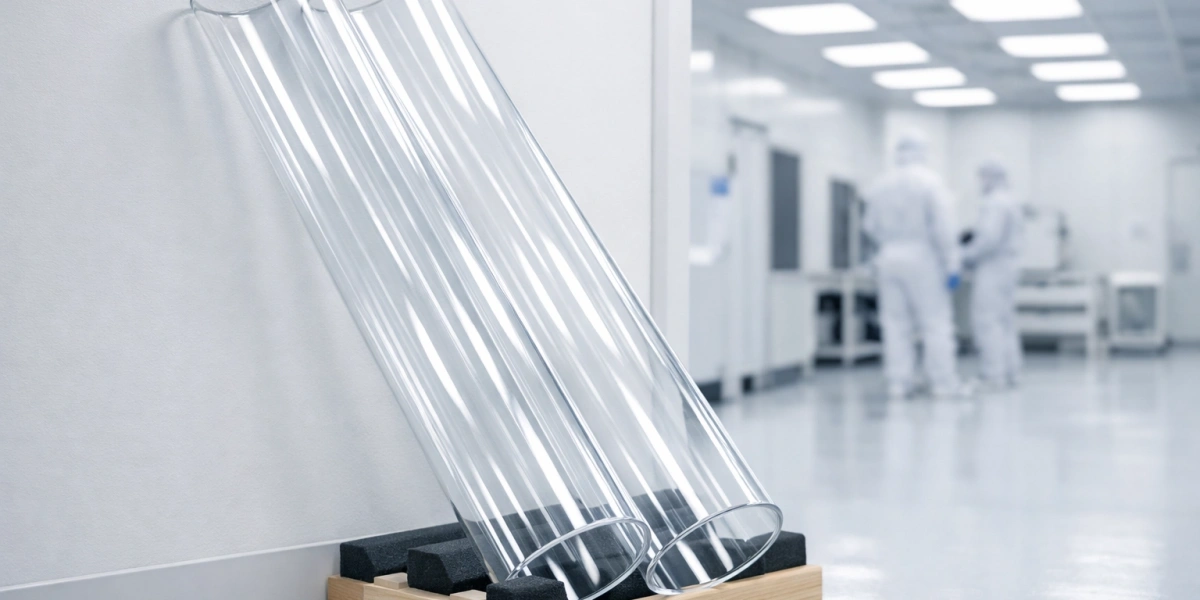 large-diameter quartz glass tubes resting in semiconductor cleanroom facility
