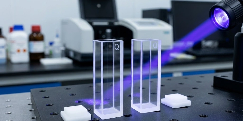 UV-Transparent Quartz Fluorescence Cuvettes for Spectroscopic Excitation Path Verification UV-Transparent Quartz Fluorescence Cuvettes for Spectroscopic Excitation Path Verification