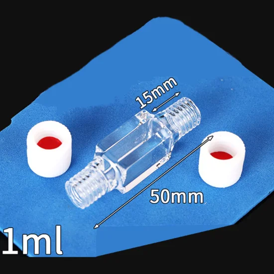1000 ميكرولتر من الكوارتز الشفاف المتدفق عبر الكوفيت مع موصلات ملولبة لولبية PTFE M10، أربع نوافذ بصرية، شق 5 مم 1000 ميكرولتر من الكوارتز الشفاف المتدفق عبر الكوفيت مع موصلات ملولبة لولبية PTFE M10، نوافذ بصرية مزدوجة، شق 5 مم