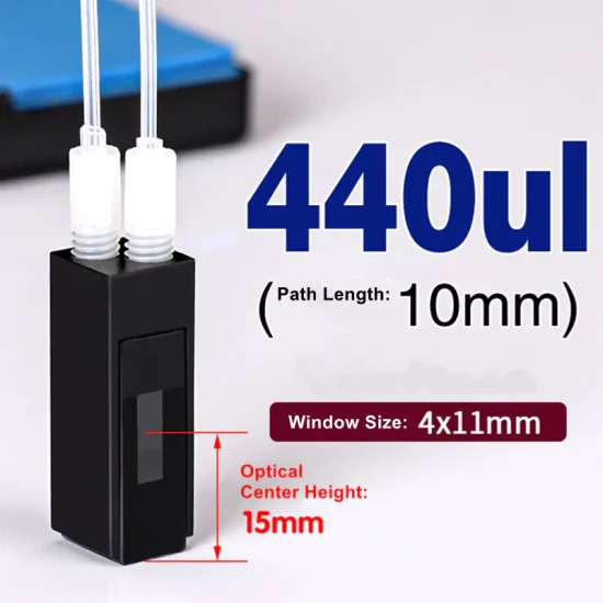 440μl Black Wall Quartz Flow-Through Cuvette with M6 Connector, Optical Center Height 15mm 440μl Black Wall Quartz Flow-Through Cuvette with M6 Connector, Optical Center Height 15mm