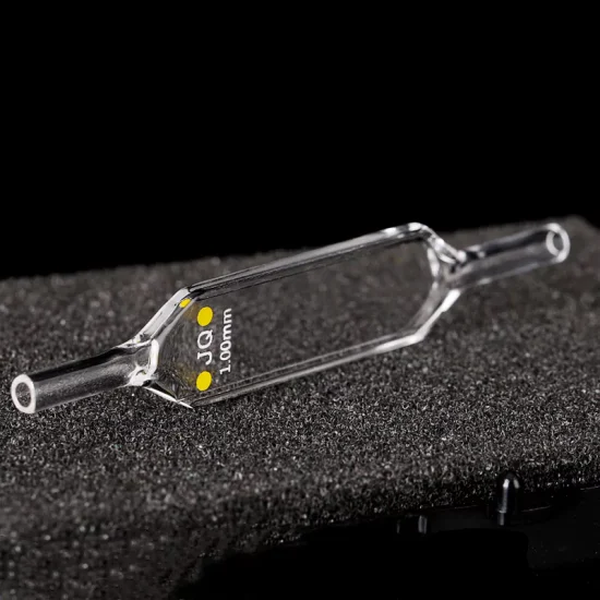 Прозрачная кварцевая проточная кювета со стеклянной трубкой, длина пути 1 мм с четырьмя оптическими окнами